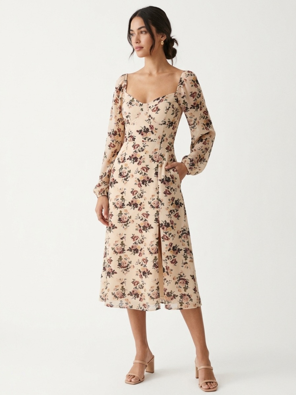 Forever 21 Blush Floral Midi Dress with Puff Sleeves
